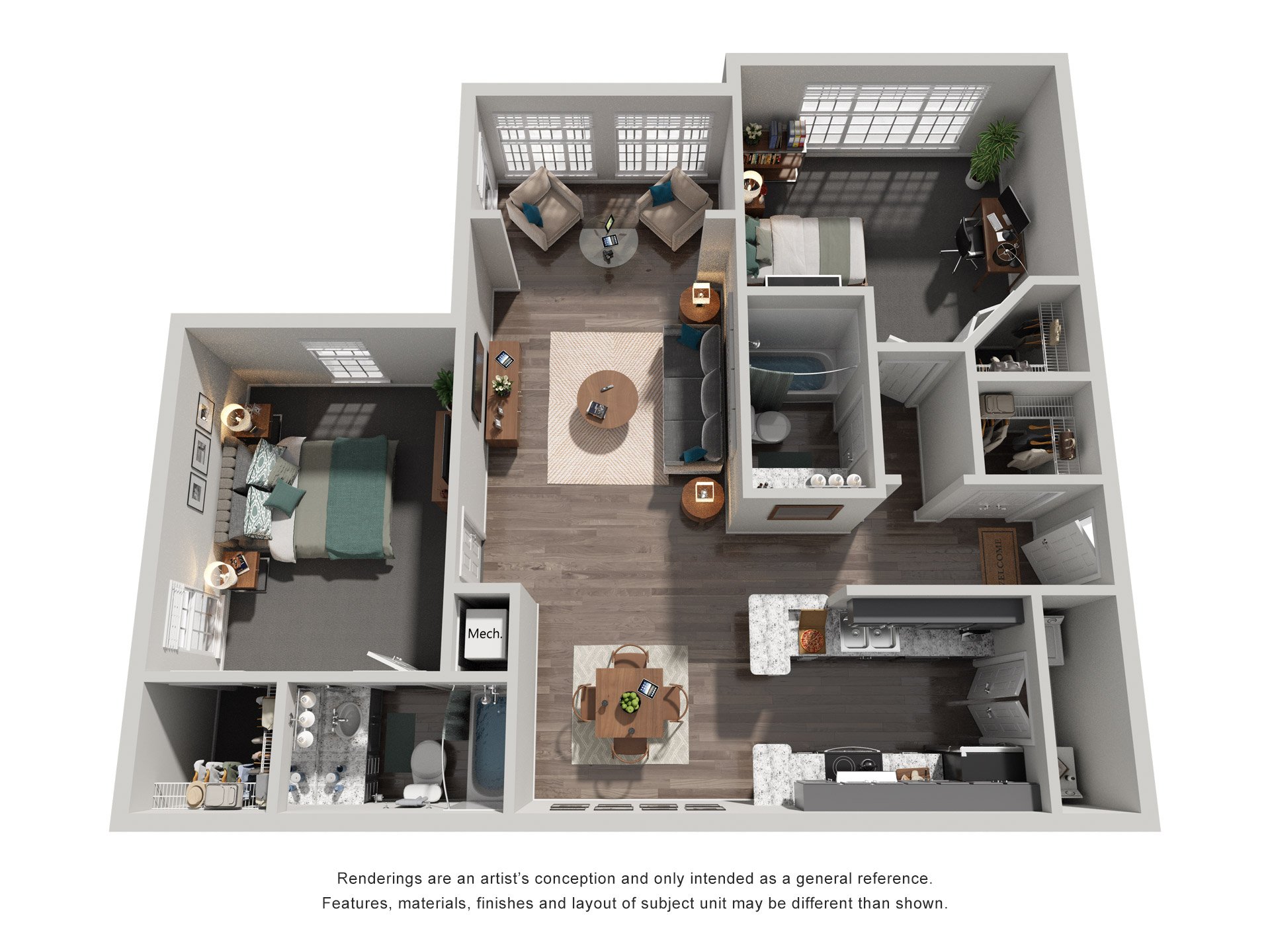 Floor plan for 2 beds, 2 baths, 1119 sqft